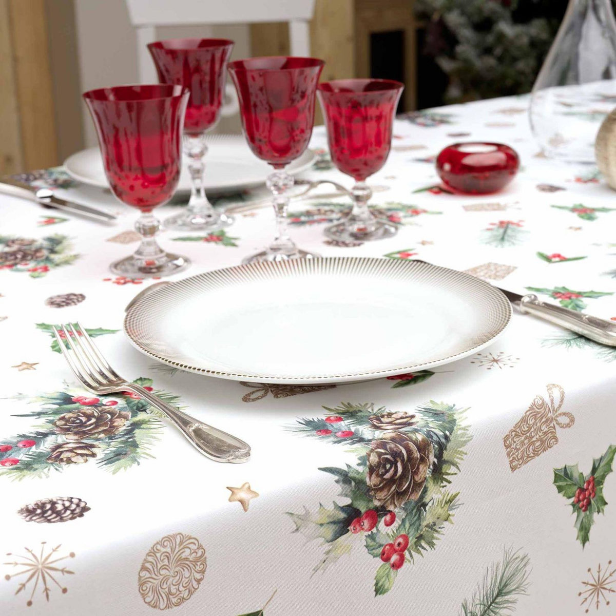 Douceur d'Intérieur Nappe rectangulaire antitache et infroissable Flore d'hiver - 150 x 240 cm - Blanc et vert