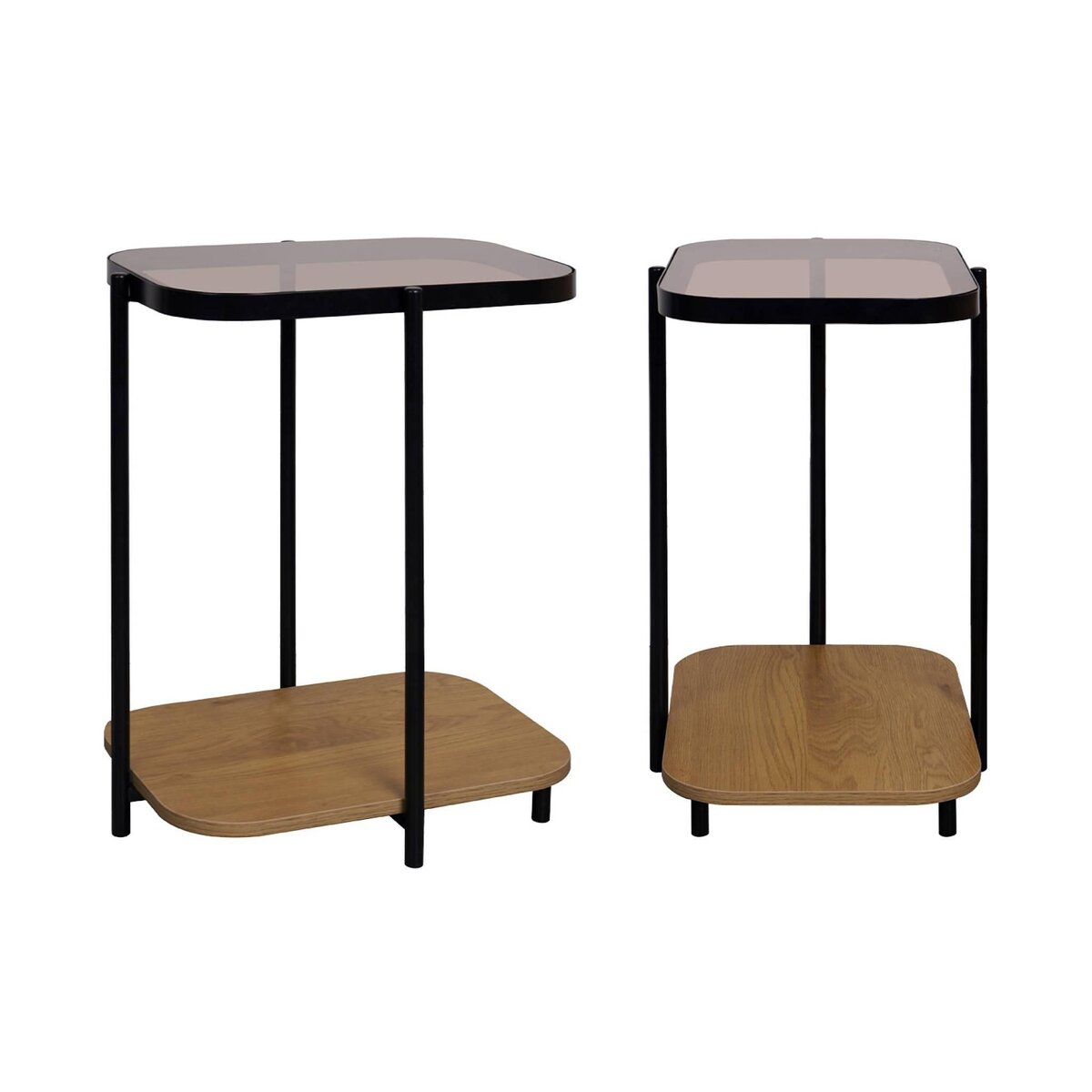 SWEEEK Lot de 2 bouts de canapé vintage en métal noir avec 2 plateaux (verre et décor bois). bords arrondis