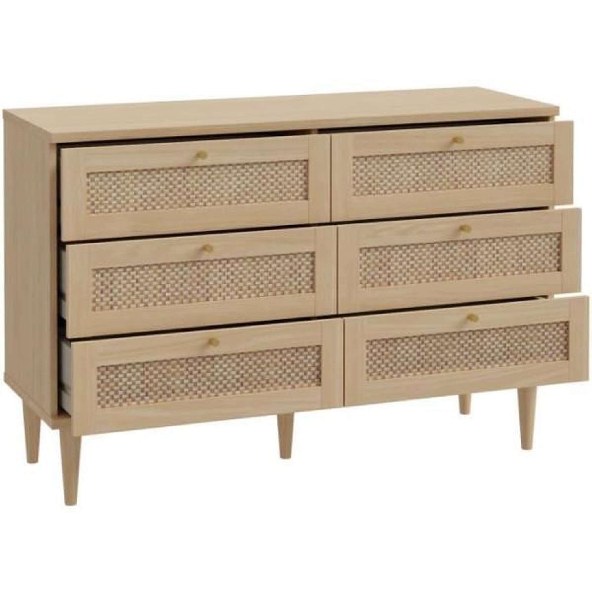 Voir la diapositive 6 : MARKET24 Commode - 6 tiroirs - Décor Chene - Cannage - L120 x P41,4 x H80 cm - CALASETTA