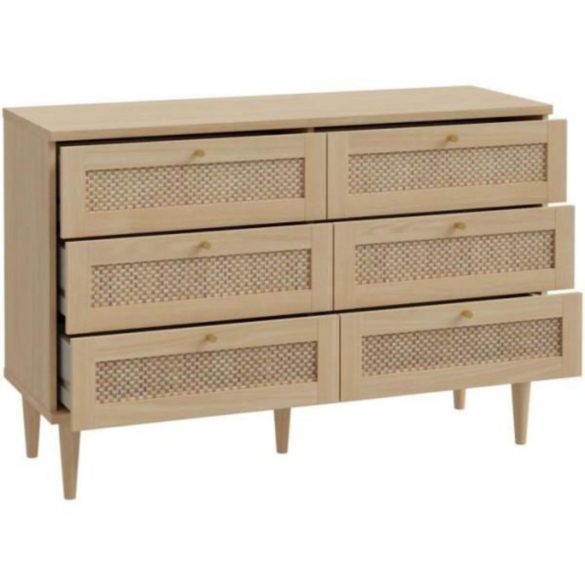 MARKET24 Commode - 6 tiroirs - Décor Chene - Cannage - L120 x P41,4 x H80 cm - CALASETTA