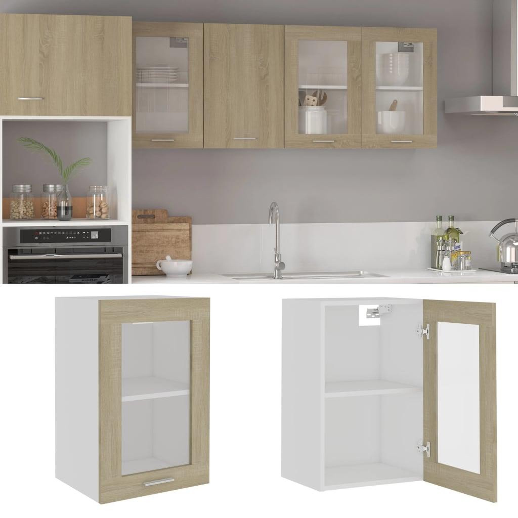 Voir la diapositive 1 : VIDAXL Armoire en verre suspendue Chene sonoma Bois d'ingenierie
