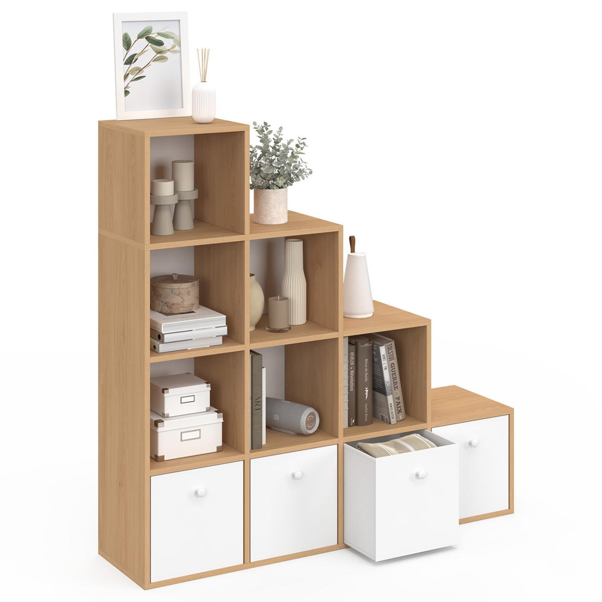 Voir la diapositive 4 : ID MARKET Meuble de rangement en escalier lorys 4 niveaux bois et blanc avec 4 tiroirs en tissu