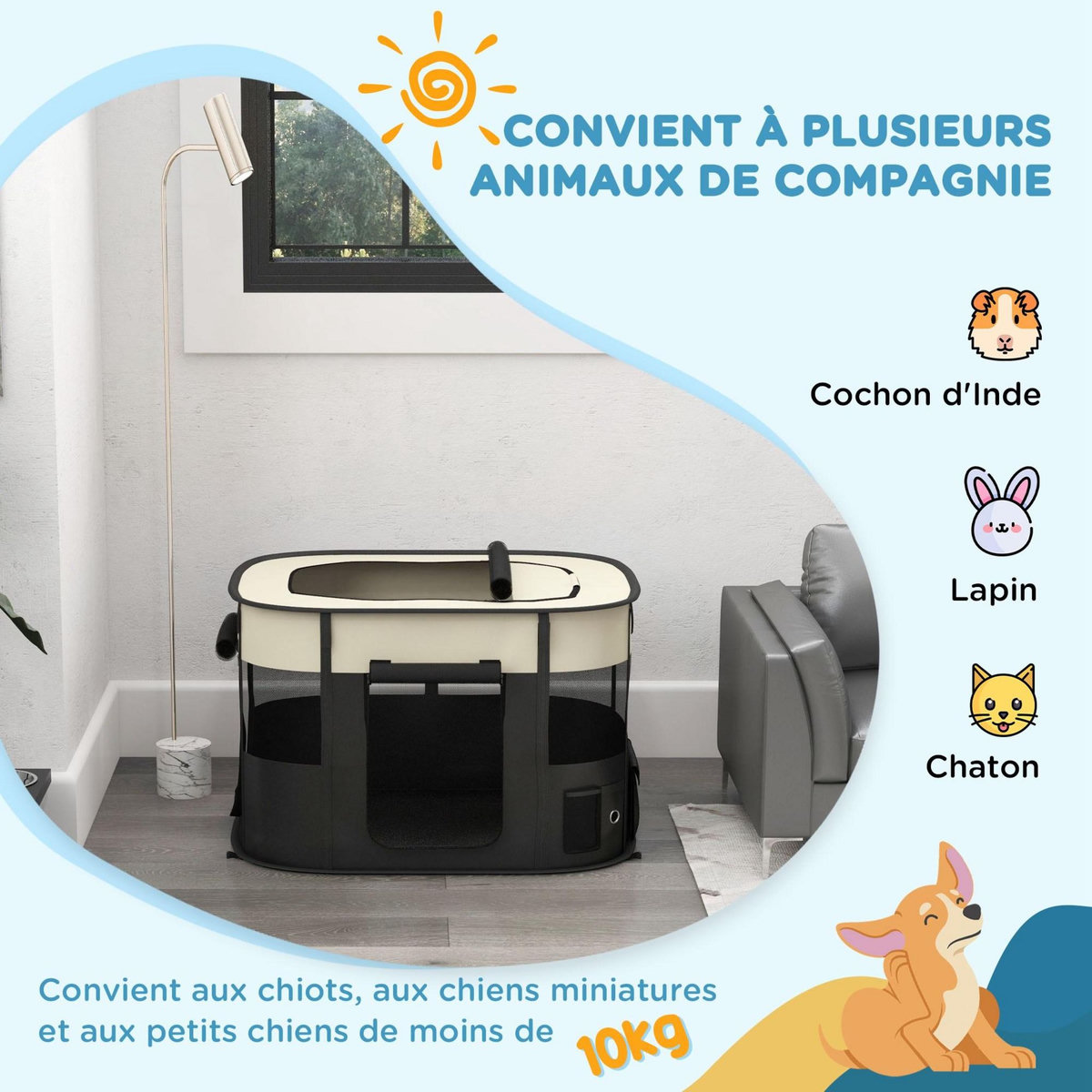 PAWHUT Parc pour chien pliable dim. 94L x 74l x 60H cm tissu Oxford crème noir