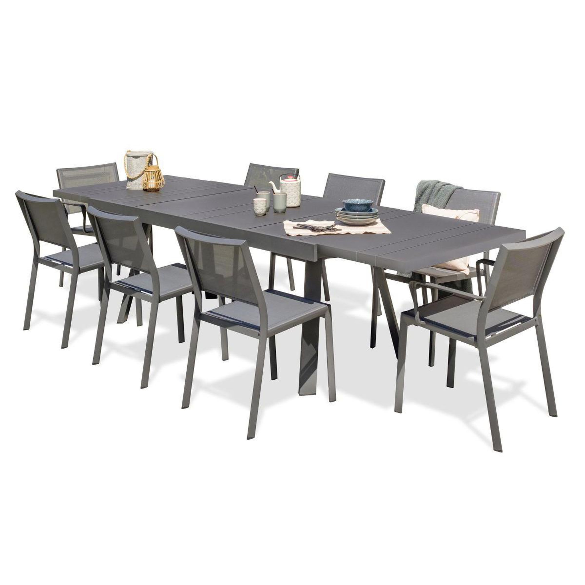 Voir la diapositive 2 : DCB GARDEN Ensemble Table de Jardin 6 Chaises & 2 Fauteuils  Stockholm  200-300cm Gris Anthracite