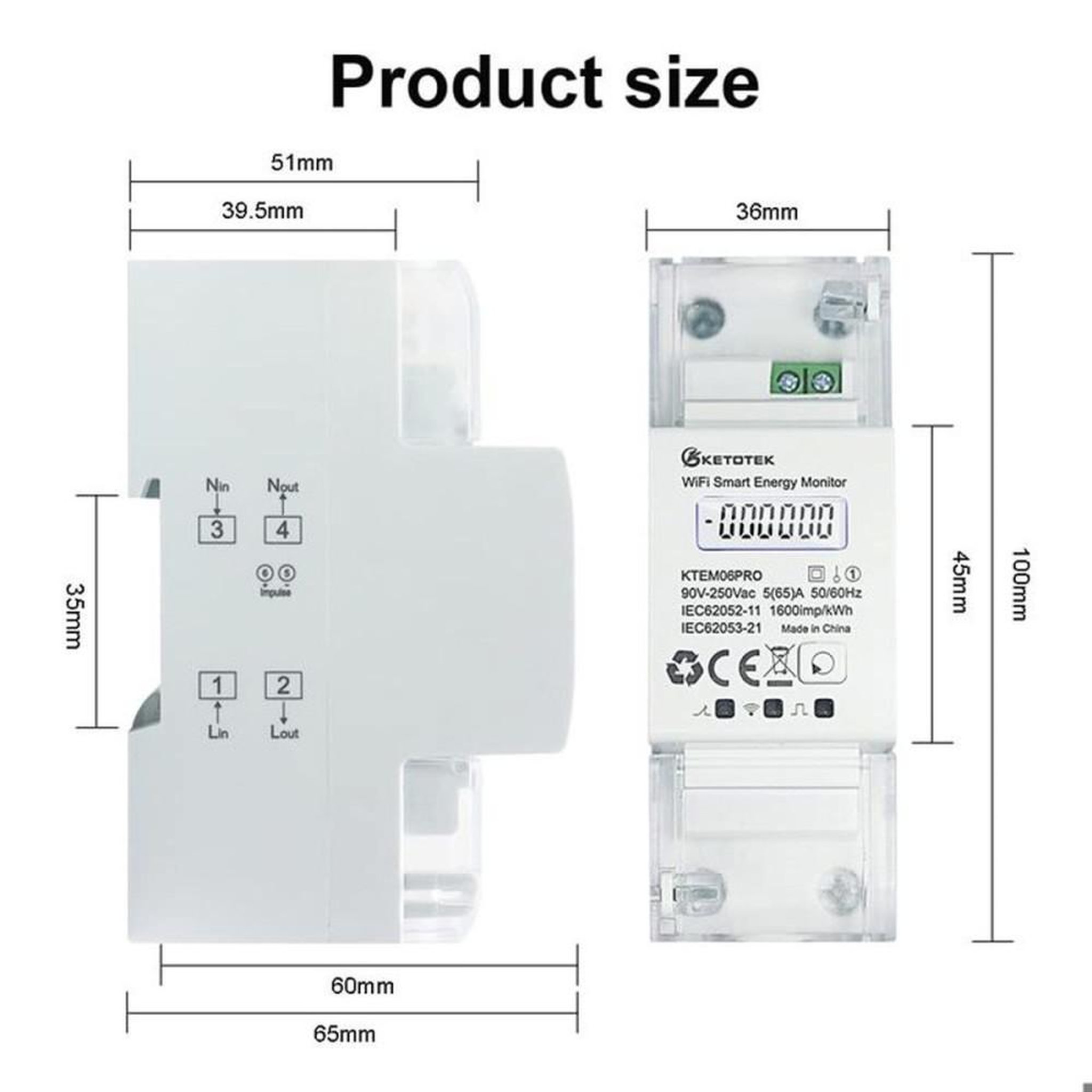 Voir la diapositive 4 : Compteur d'énergie WiFi smart DIN rail monophasé bidirectionnel 5(65)A 90-250V KTEM06PRO avec écran LCD