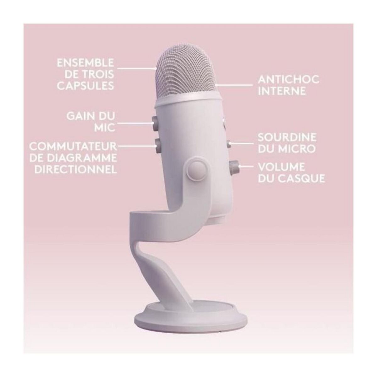 LOGITECH G Microphone USB - Blue Yeti Premium - Pour Enregistrement, Streaming, Gaming, Podcast sur PC ou Mac - Blanc White Mist