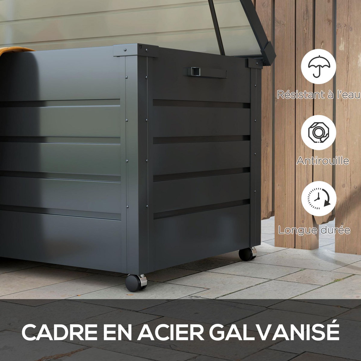 OUTSUNNY Coffre de jardin grande taille 311L verrouillable - roulettes, poignées, vérins gaz - acier anthracite
