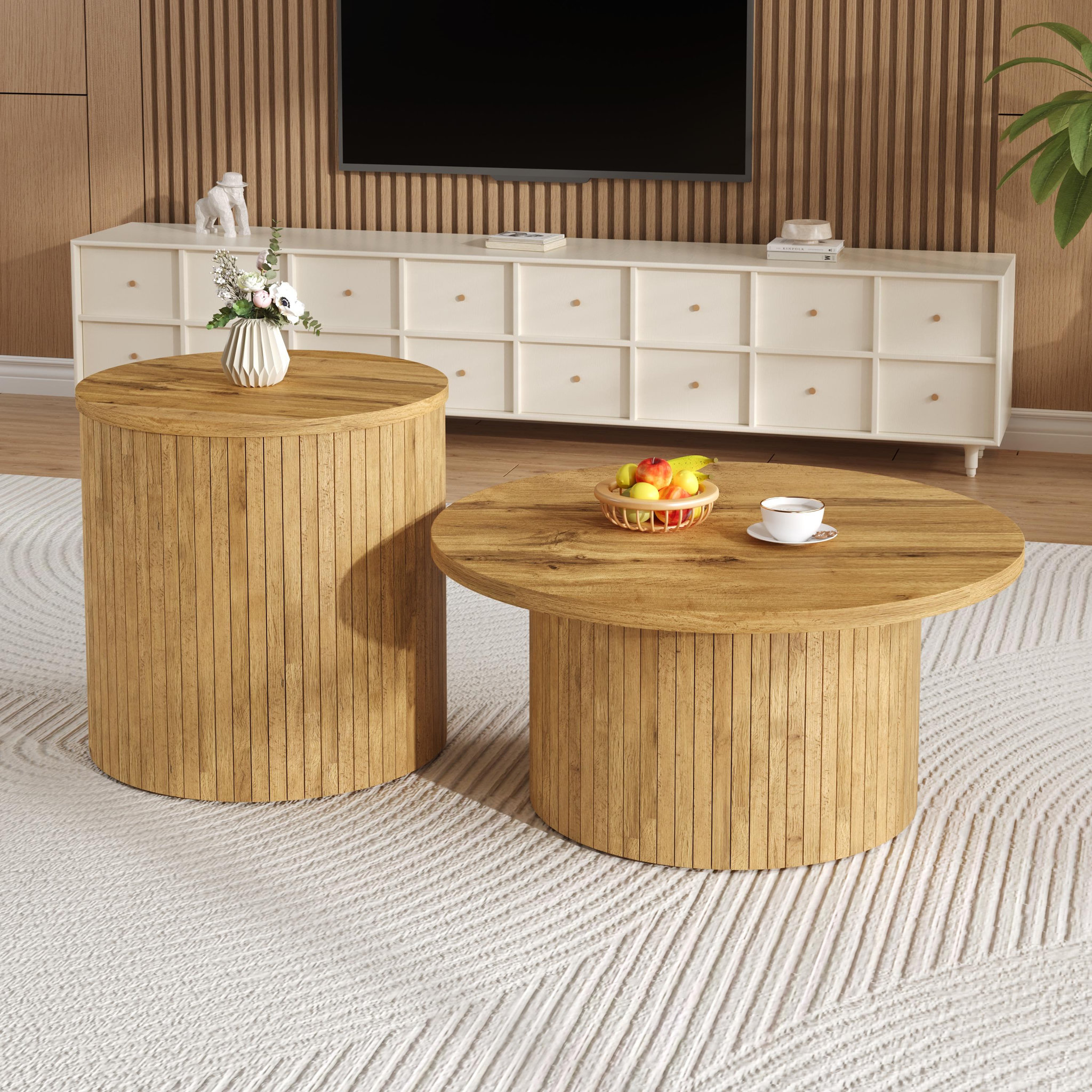 Voir la diapositive 4 : MERAX Table basse gigogne ronde naturel - 75x75 cm mdf