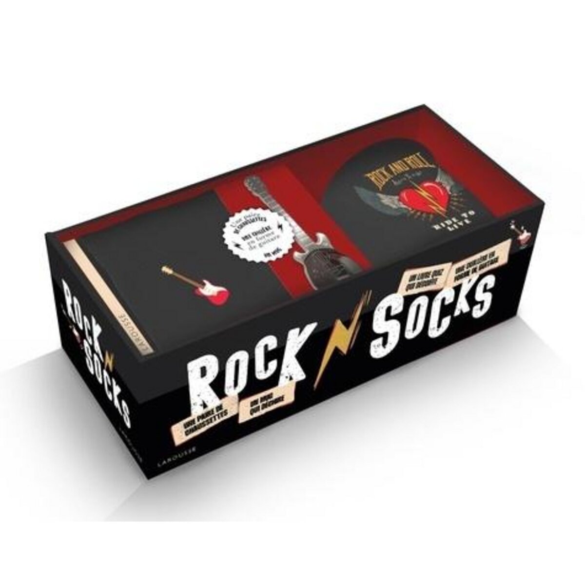 ROCK & SOCKS ! COFFRET AVEC 1 MUG EN CERAMIQUE, 1 CUILLERE EN FORME DE GUITARE ELECTRIQUE, 1 PAIRE DE CHAUSSETTES ET 1 LIVRET DE 100 QUESTIONS SUR LES GROUPES DE ROCK MYTHIQUES, Larousse