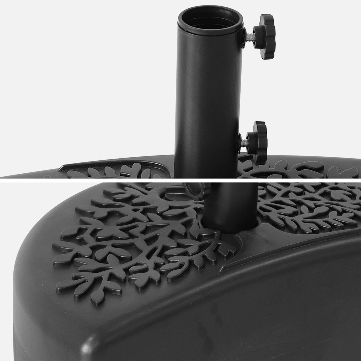 SWEEEK Demi-Pied de parasol plastique – Base remplissable pour demi-parasol. motif feuillage. noir
