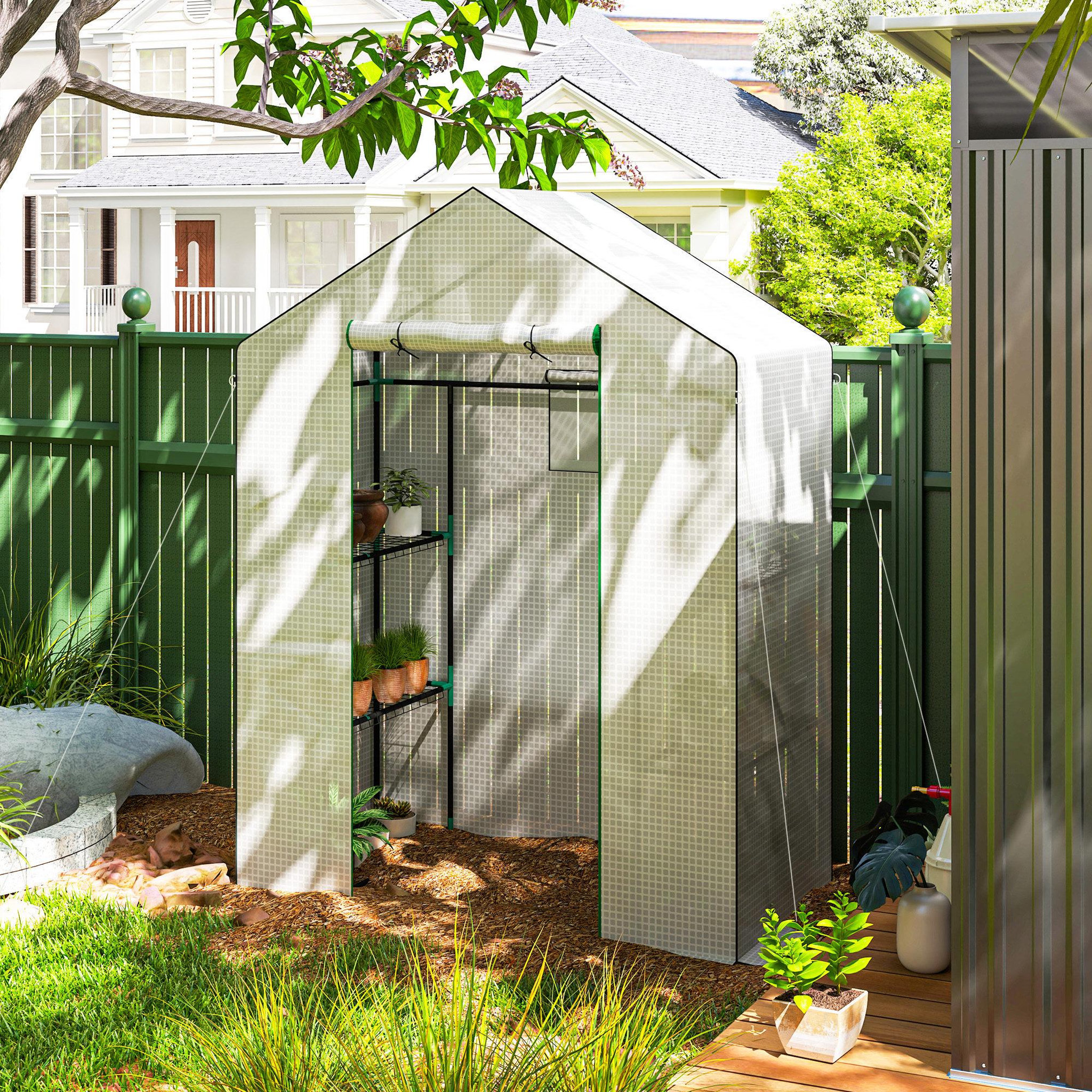 Voir la diapositive 2 : OUTSUNNY Serre de jardin 4 tablettes dim. 1,43l x 0,74l x 1,9h m porte déroulante fenêtre acier pe haute densité blanc