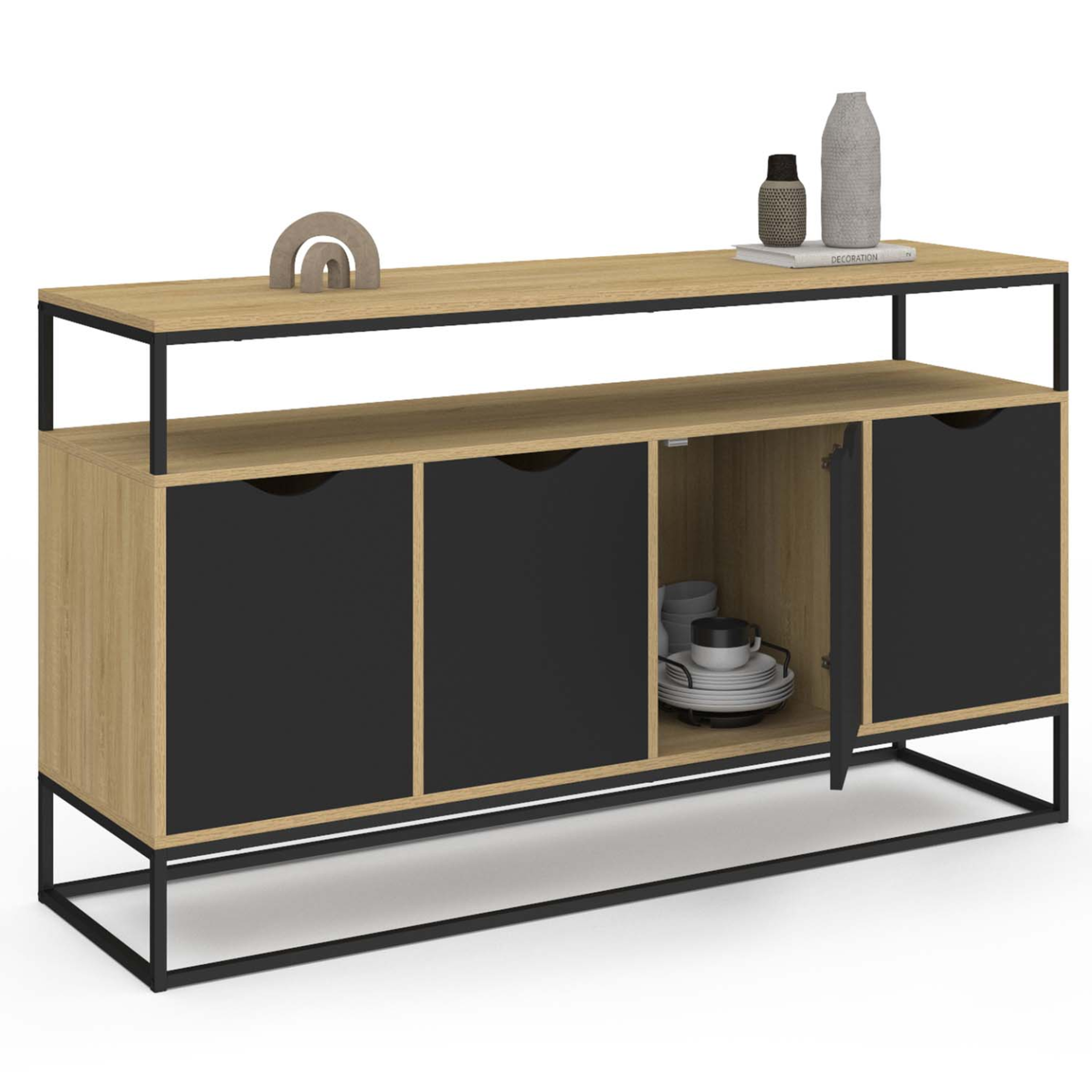 Voir la diapositive 4 : ID MARKET Buffet 140 cm BOSTON 4 portes noires design industriel