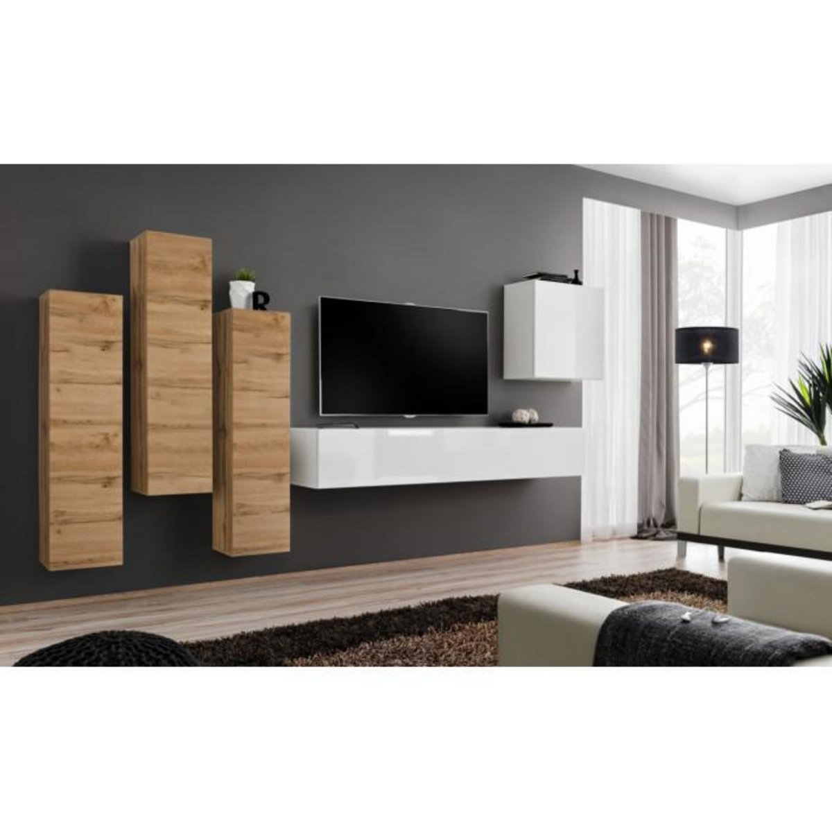 Paris Prix Meuble TV Mural Design  Switch III  330cm Naturel & Blanc