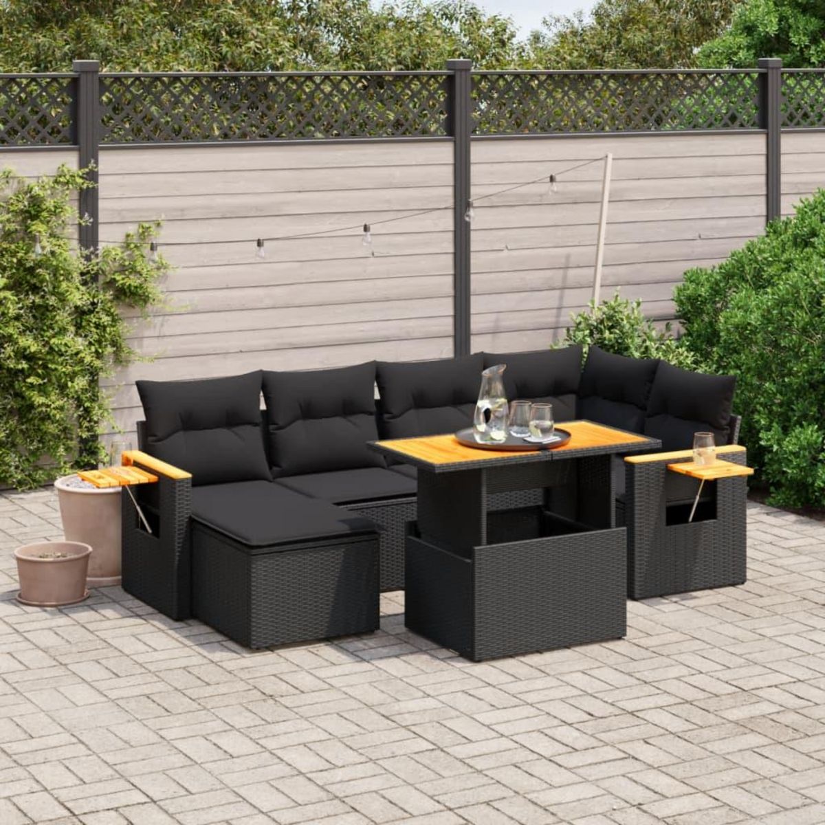 VIDAXL Salon de jardin 7 pcs avec coussins noir resine tressee