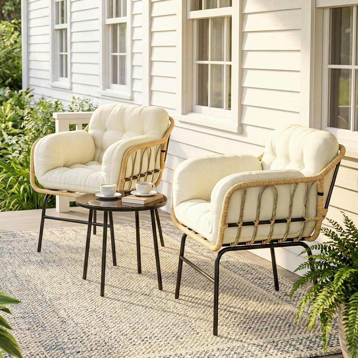 OUTSUNNY Salon de jardin 2 places design résine tressée effet rotin naturel métal noir