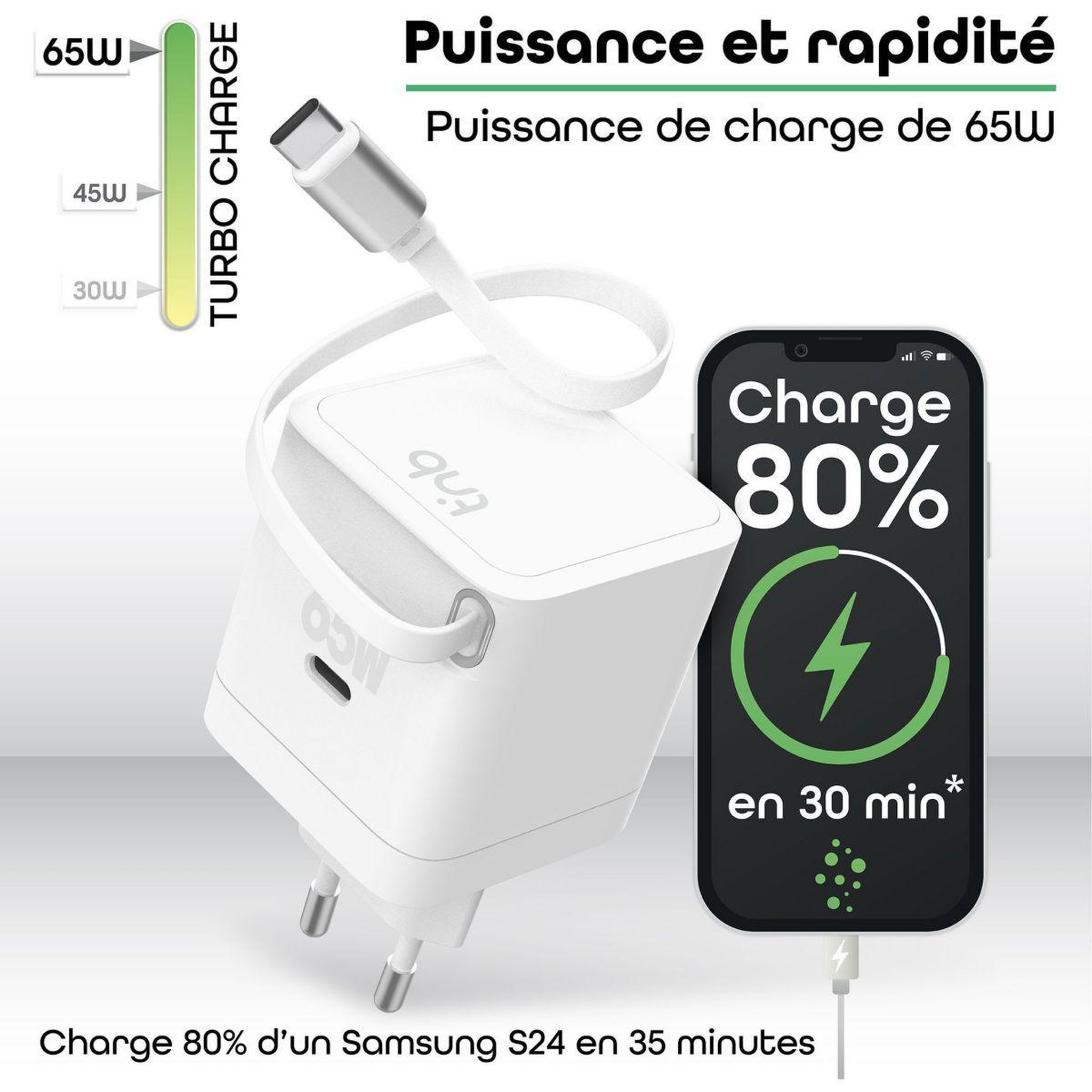 Voir la diapositive 3 : TNB Chargeur + câble gan usb-c charge rapide + cable 70cm