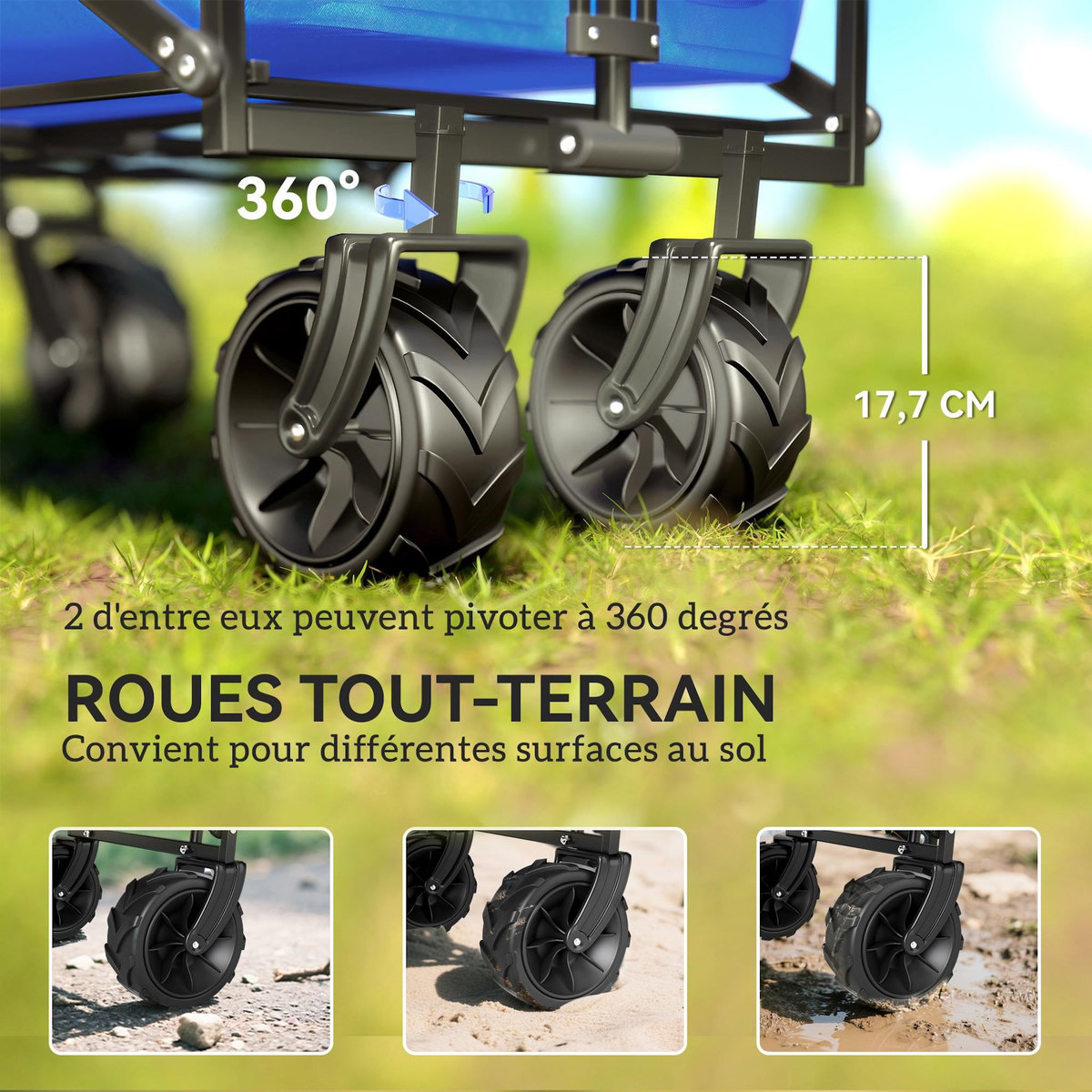 OUTSUNNY Chariot pliant avec toit, poignée, panier - chariot de plage - chariot de transport pliable tout-terrain métal noir oxford bleu