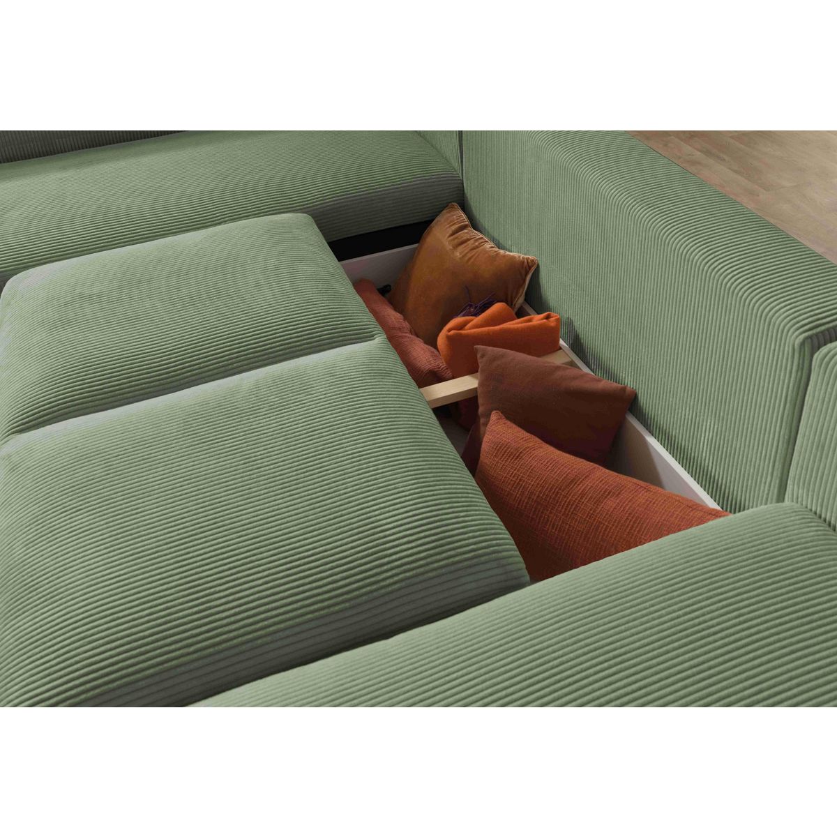 LISA DESIGN Livy - canapé panoramique convertible - avec coffre - en velours côtelé - 7 places - gauche