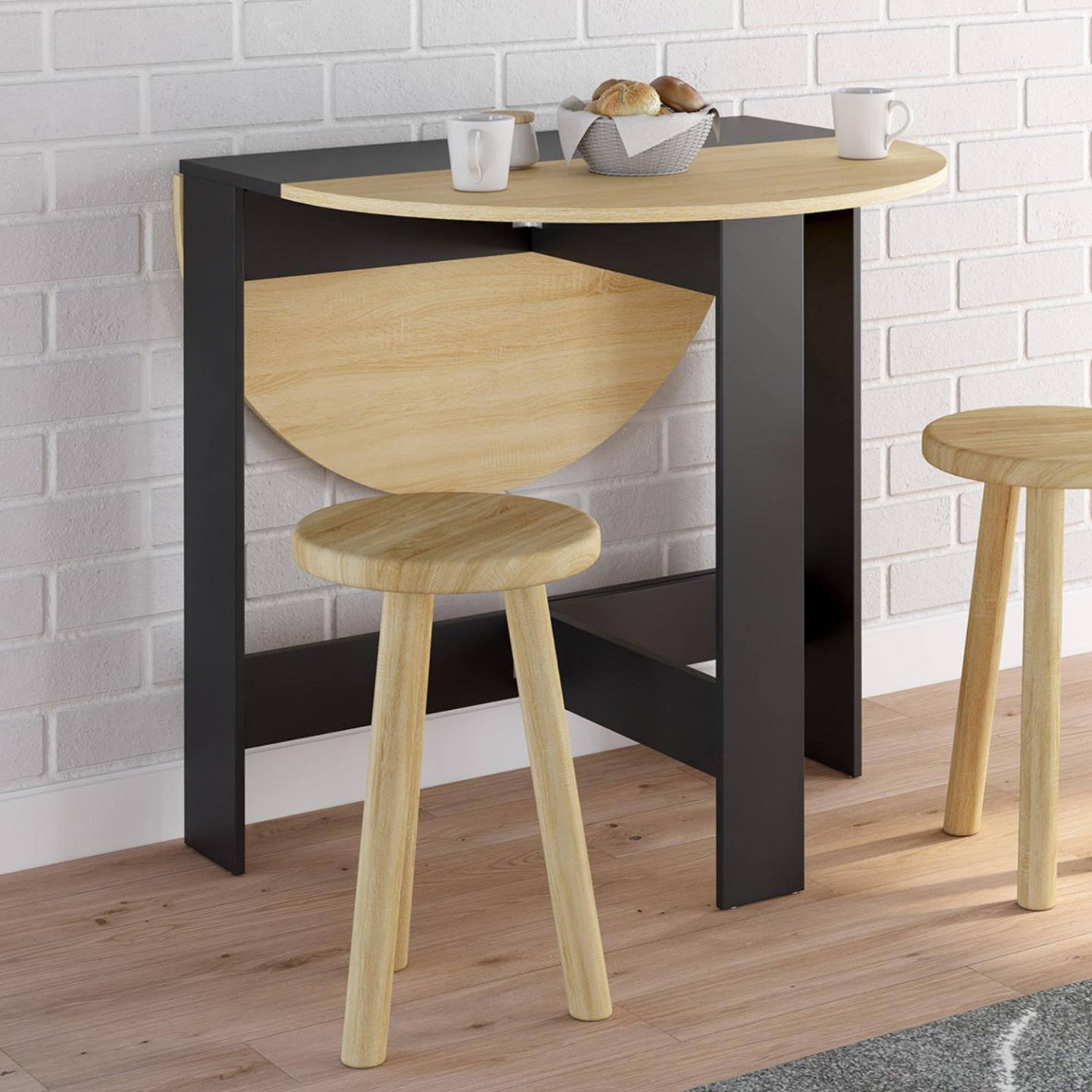 Voir la diapositive 2 : ID MARKET Table console pliable ronde edi 2-4 personnes bois noir plateau façon hêtre 103 x 76 cm