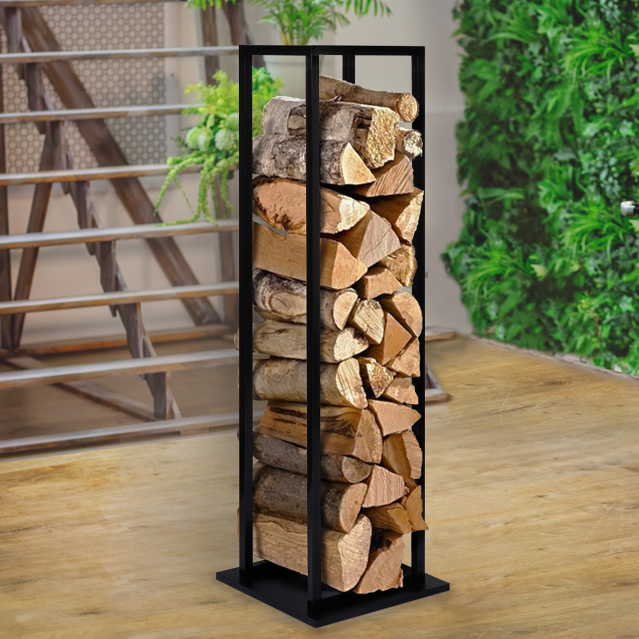 Voir la diapositive 5 : ID MARKET Range bûches vertical acier noir avec étagère h.112 cm pour cheminée