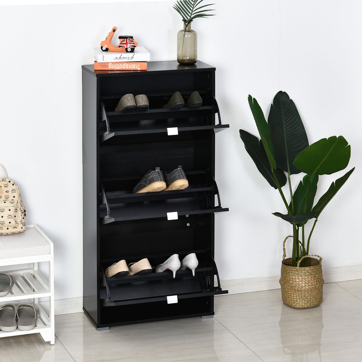 HOMCOM Meuble à chaussures 3 portes abattantes 3 compartiments MDF noir laqué