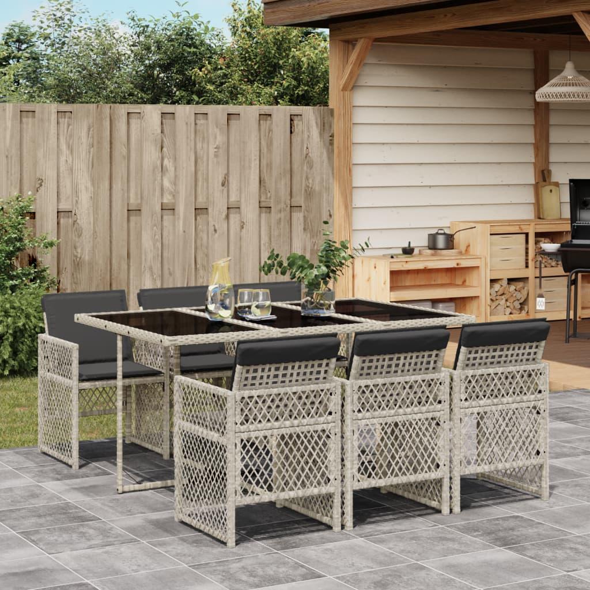 VIDAXL Ensemble a manger de jardin et coussins 7 pcs gris clair rotin