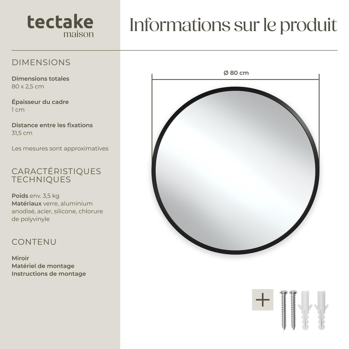 tectake Miroir mural rond Ø 80 cm noir