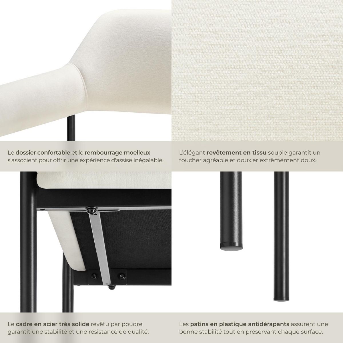 tectake Fauteuil rembourré Tissu blanc cassé/noir Lot de 4