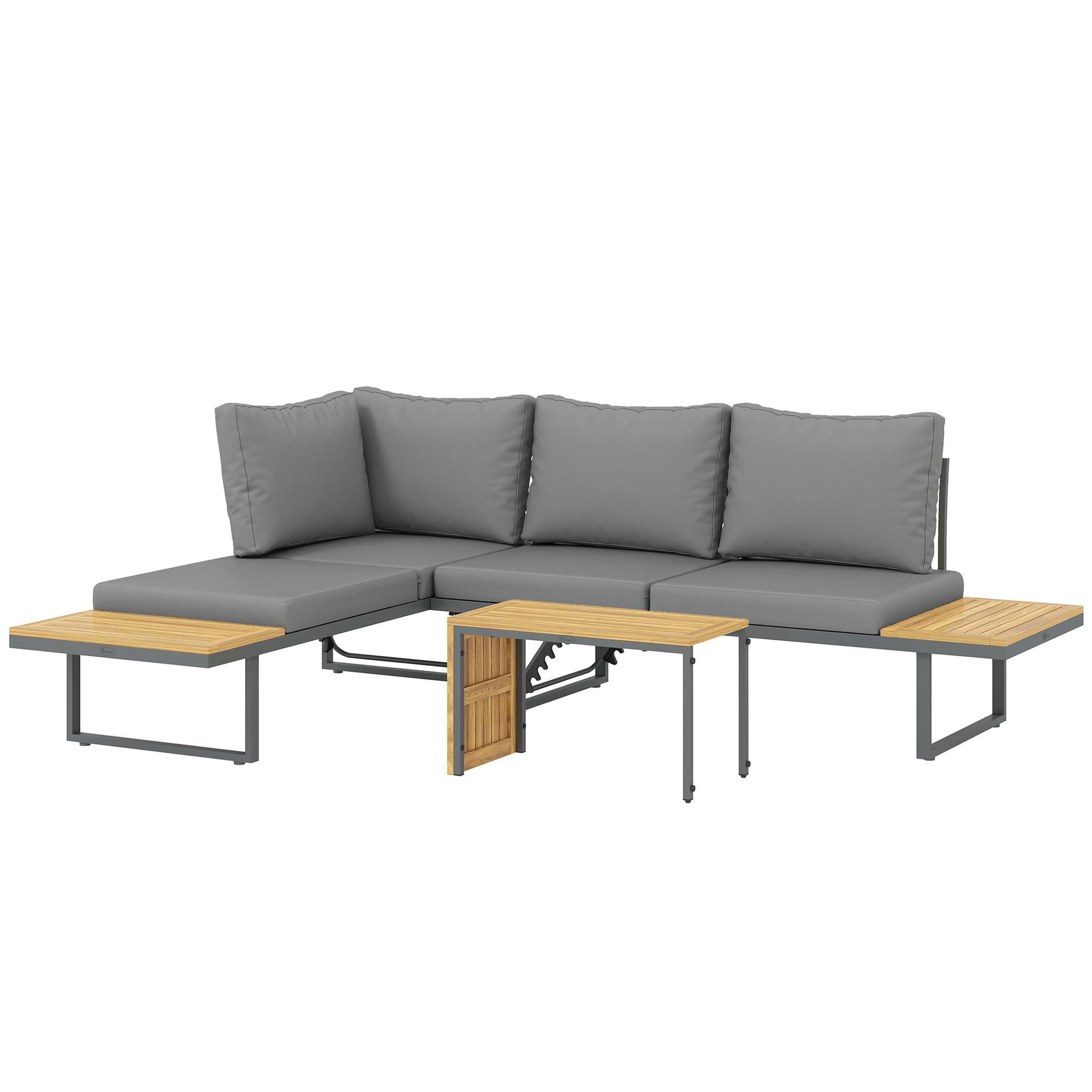 Voir la diapositive 4 : OUTSUNNY Ensemble salon de jardin 4 places modulable réglable avec table basse acier gris bois d'acacia verni