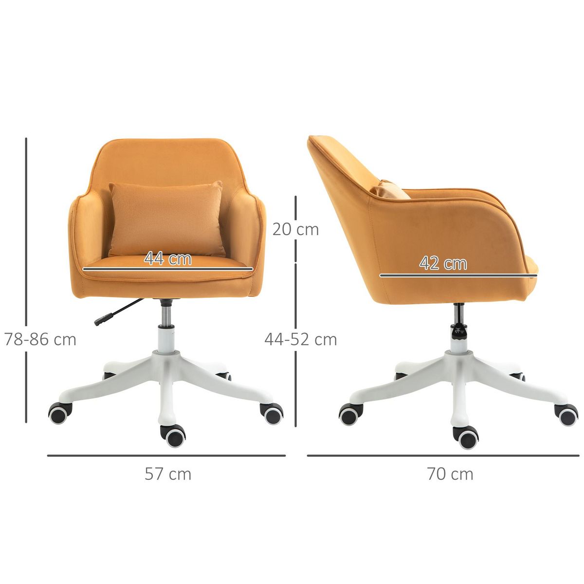 HOMCOM Chaise de bureau velours fauteuil bureau massant coussin lombaire intégré hauteur réglable pivotante 360° jaune