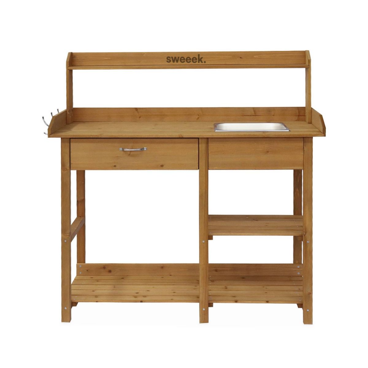 SWEEEK Table de rempotage en bois Capucine. 1 tiroir. 2 étagères. 1 évier. crochets