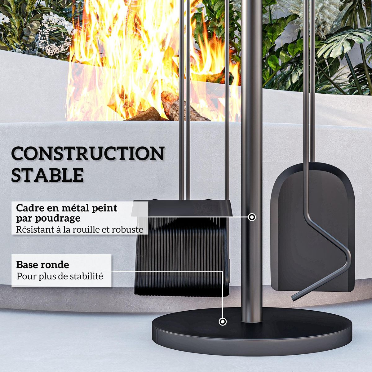 OUTSUNNY Serviteur de cheminée moderne 5 pièces - balai, pelle, pince, tisonnier, support - métal noir