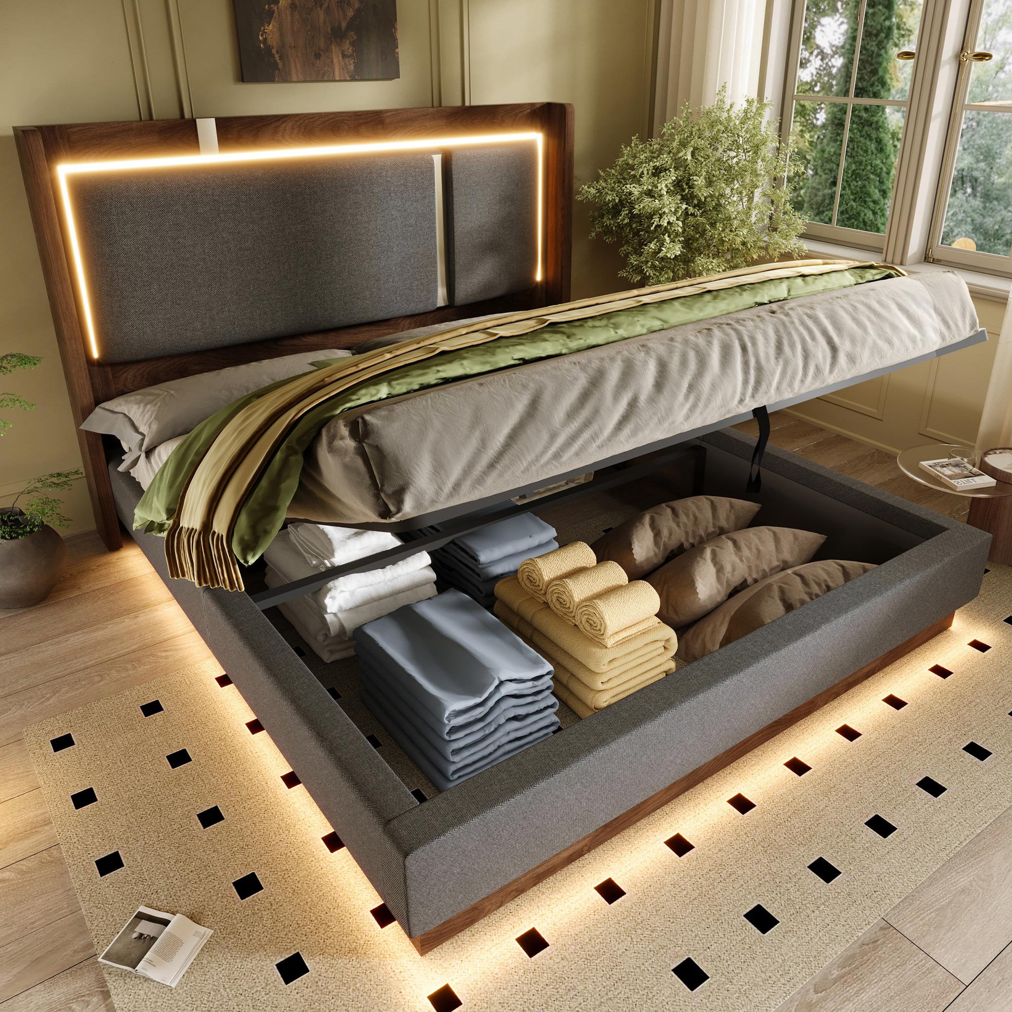 Voir la diapositive 2 : MERAX Lit double avec rangement hydraulique led tissu lin