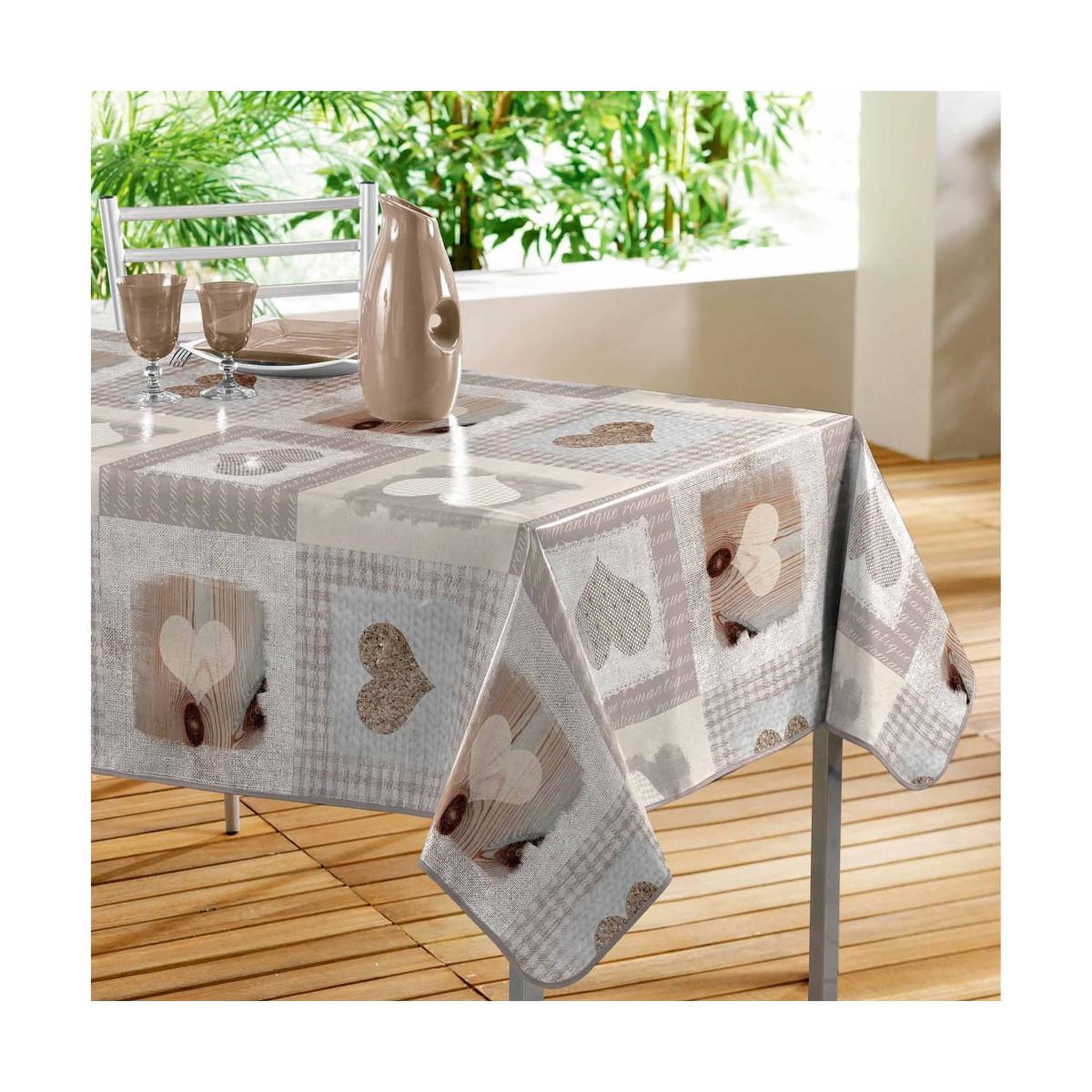 Douceur d'Intérieur Nappe Toile Cirée  Cosy Coeur  140x240cm Gris