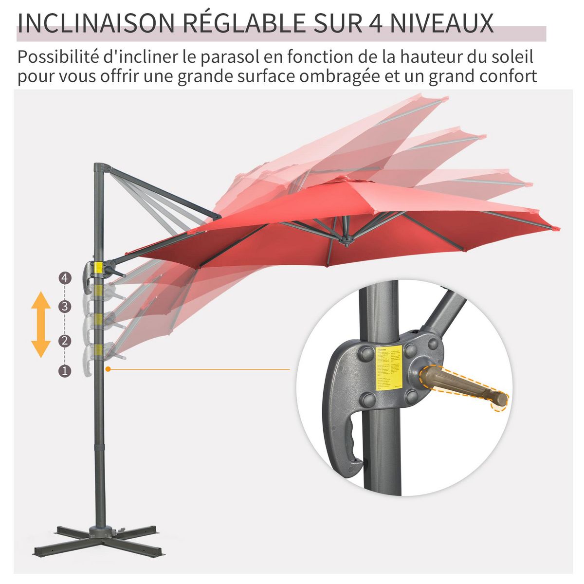 OUTSUNNY Parasol déporté octogonal inclinable manivelle avec pied en acier Ø 2,94 x 2,48H m rouge