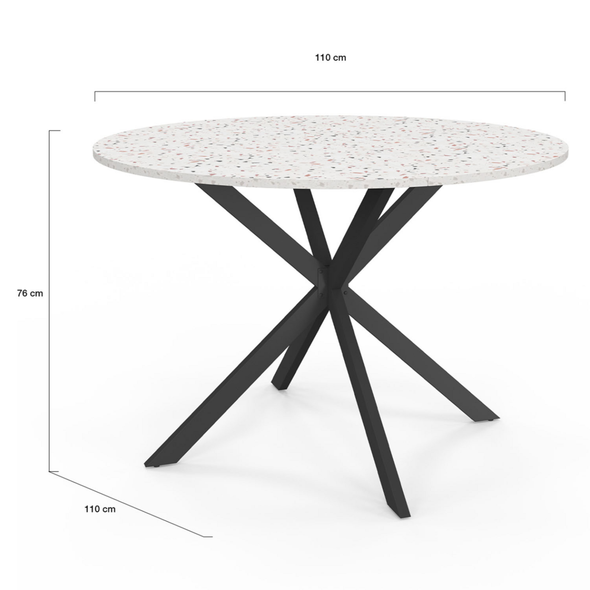 ID MARKET Table à manger ronde ALIX 6 personnes pied araignée noir plateau effet terrazzo SIMONE  110 cm