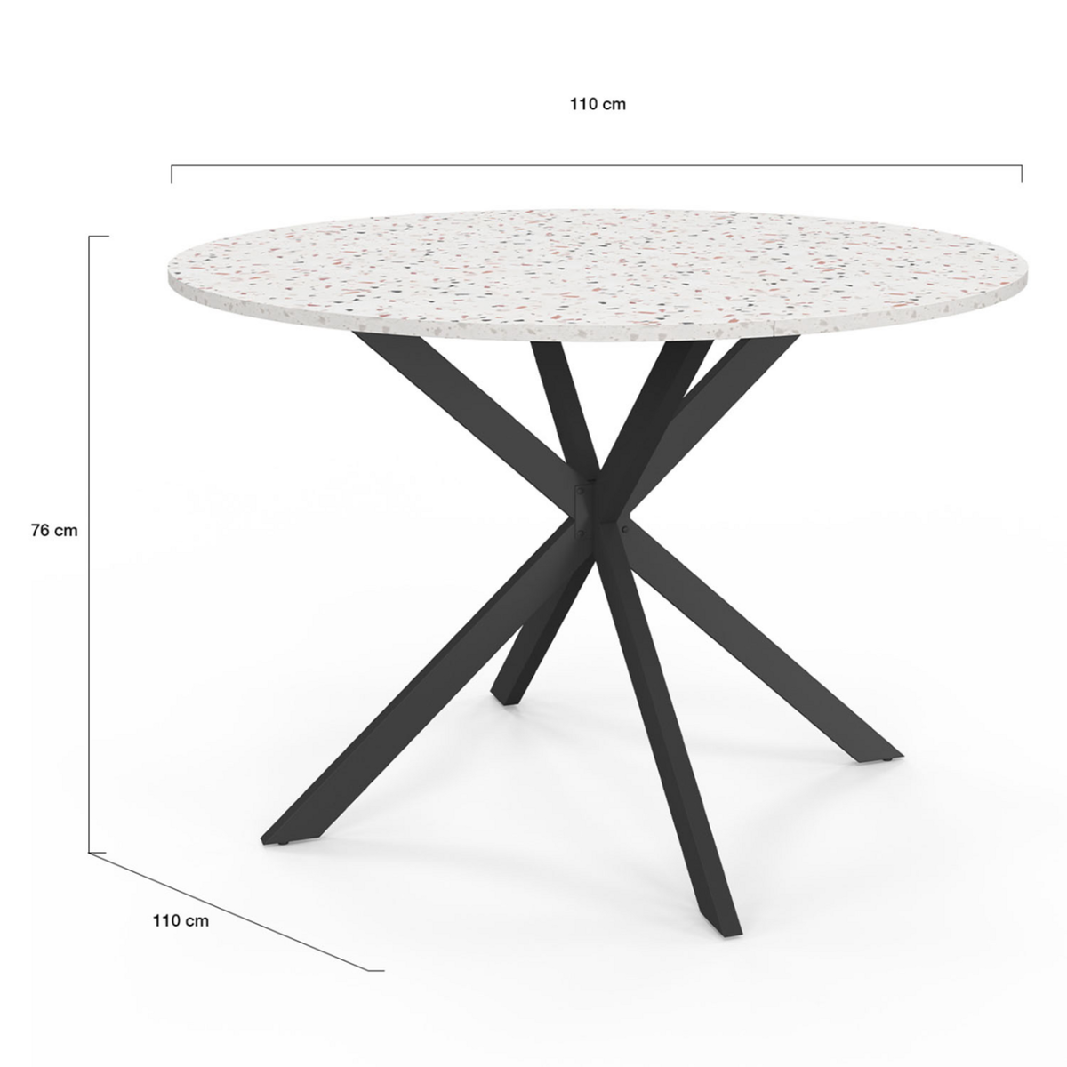 ID MARKET Table à manger ronde ALIX 6 personnes pied araignée noir plateau effet terrazzo SIMONE  110 cm
