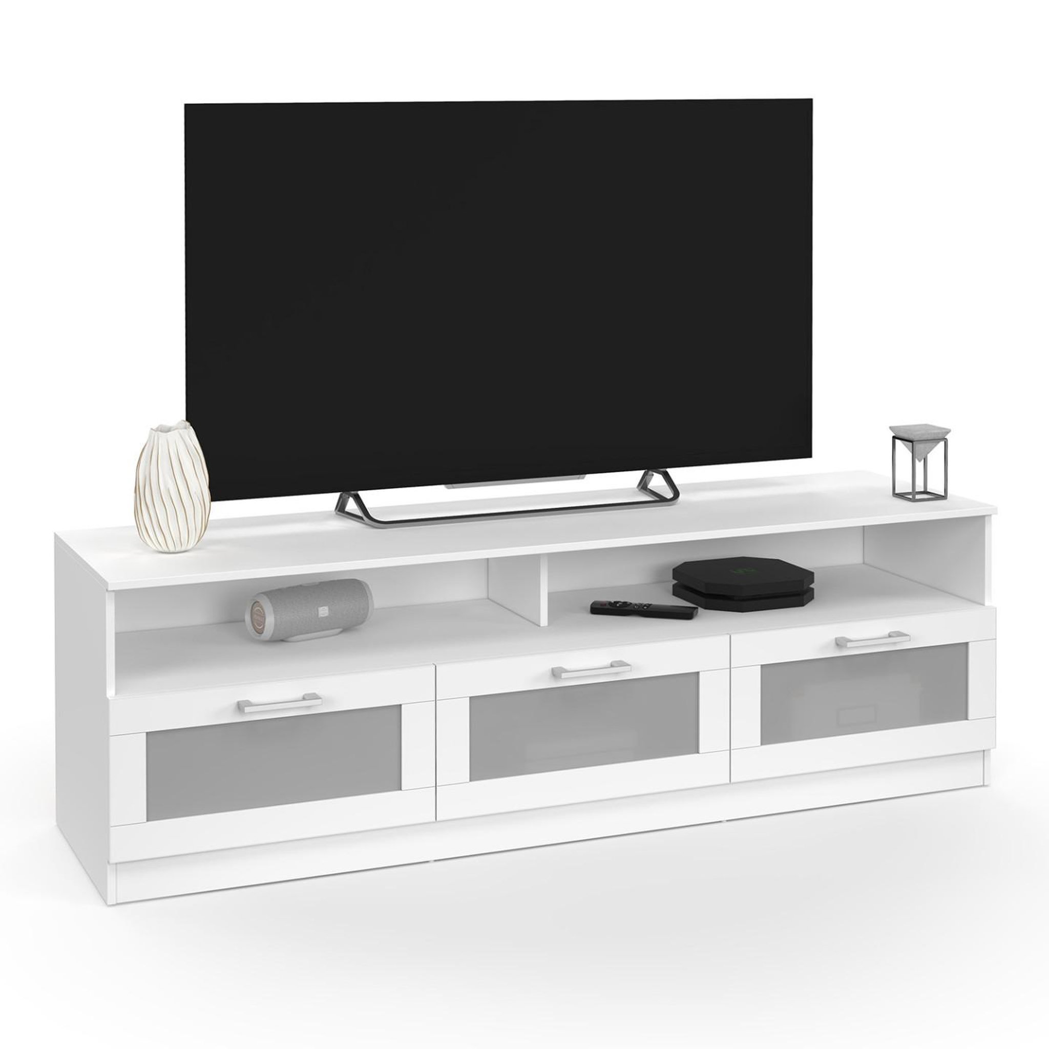 ID MARKET Meuble tv 140 cm vito portes givrées blanc