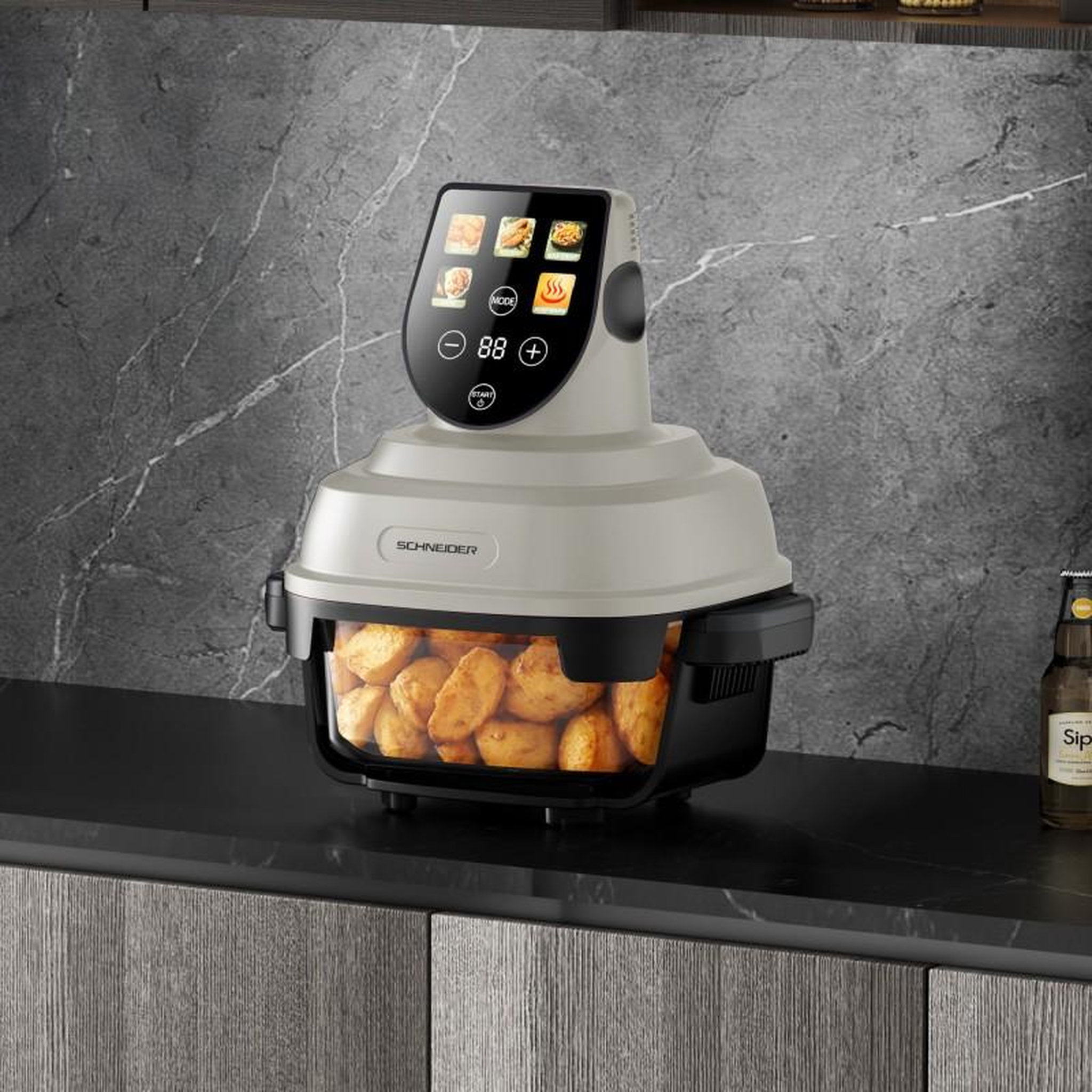 Voir la diapositive 2 : SCHNEIDER Schneider - crispi - or - beige - friteuse à air panoramique - 1500w - 2 bacs verre