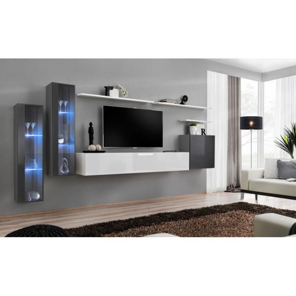 Paris Prix Meuble TV Mural Design  Switch XI  330cm Gris & Blanc