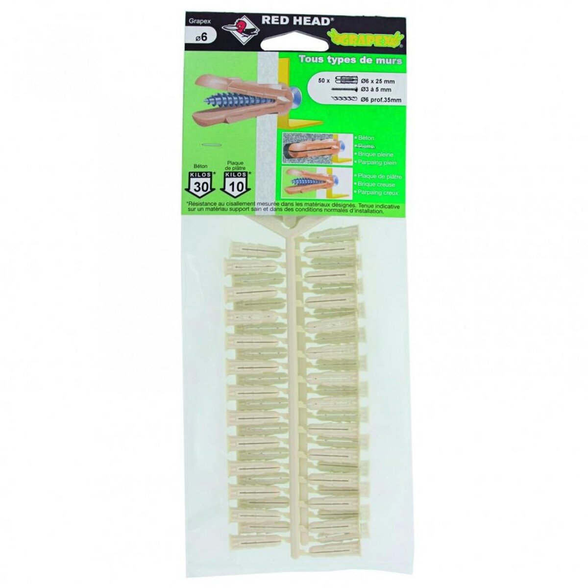 RED HEAD Lot de 50 chevilles à expansion grapex RED HEAD, Diam.6 x L.25 mm
