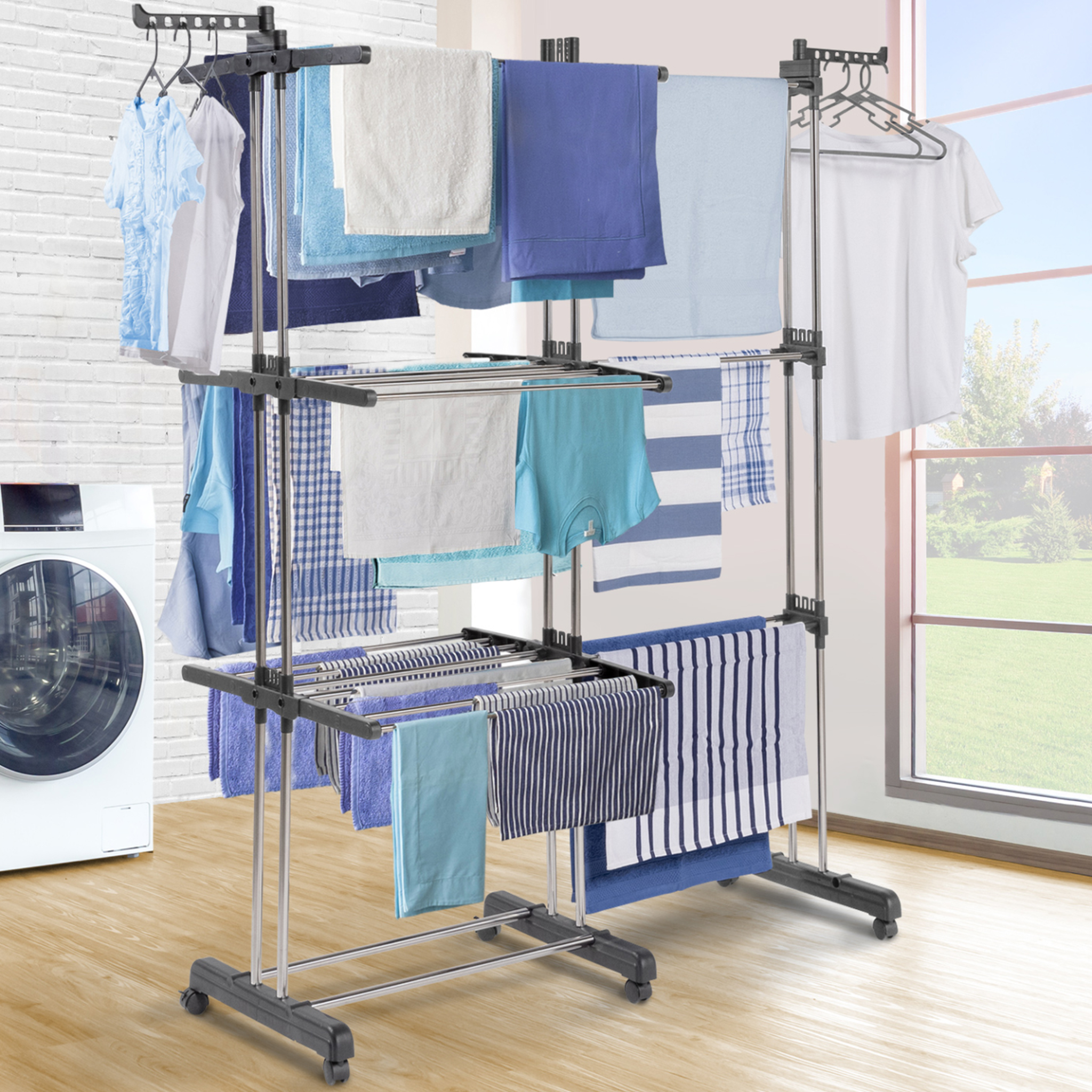 Voir la diapositive 2 : ID MARKET Séchoir à linge vertical pliable et extensible 3 niveaux giga capacité 27m avec cintres et pinces inox et gris