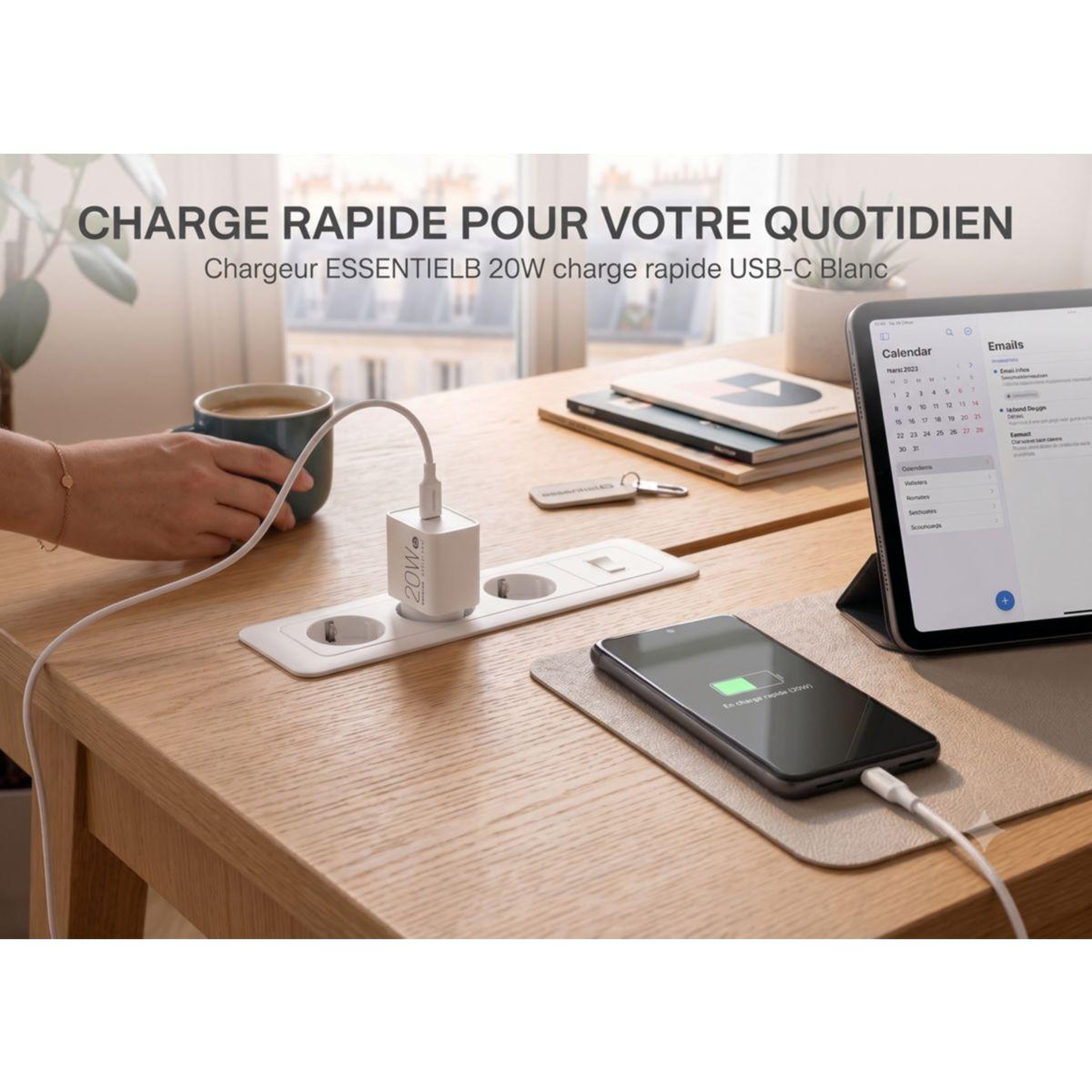 Voir la diapositive 5 : ESSENTIEL B Chargeur 20w charge rapide usb-c blanc compatible iphone 17 16 15 pro max et samsung galaxy