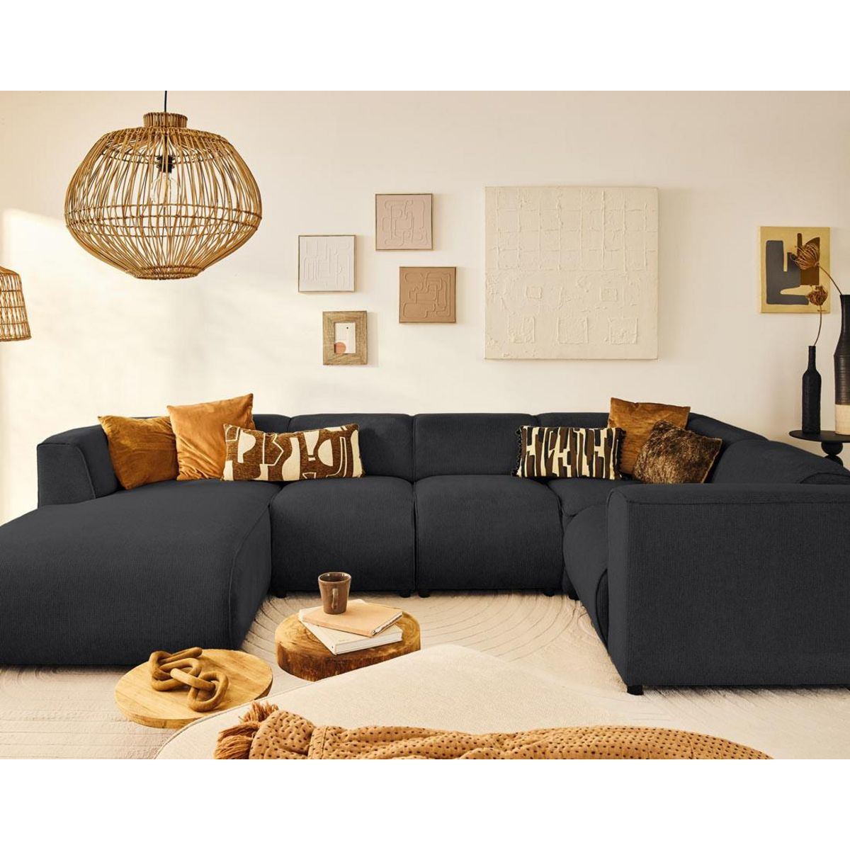 LISA DESIGN Suaro - canapé modulable panoramique d'angle droit 7 places en tissu texturé