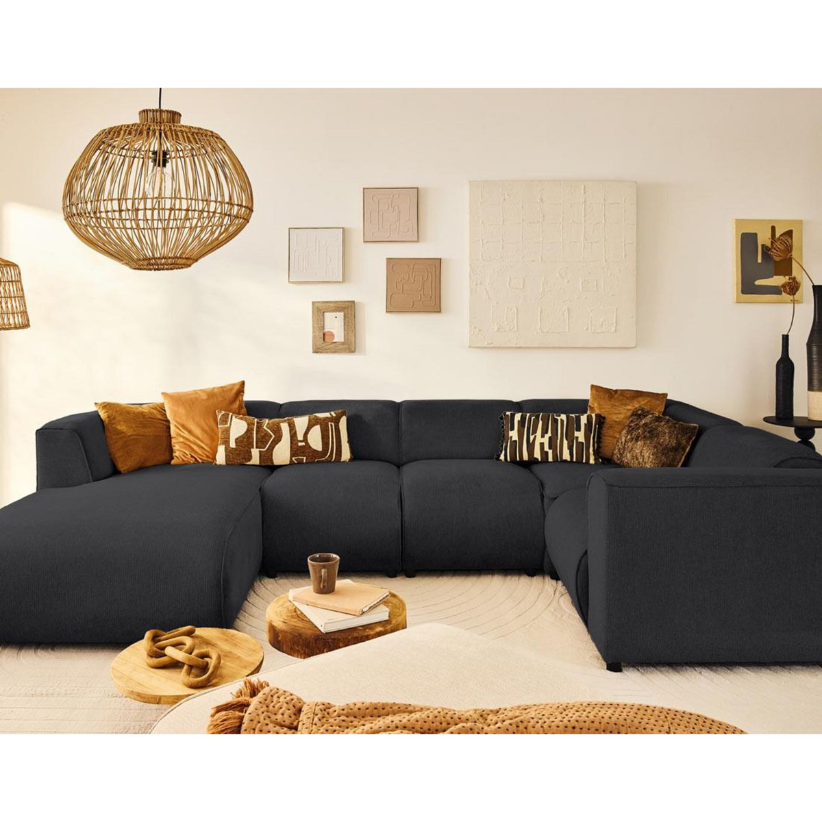 LISA DESIGN Suaro - canapé modulable panoramique d'angle droit 7 places en tissu texturé