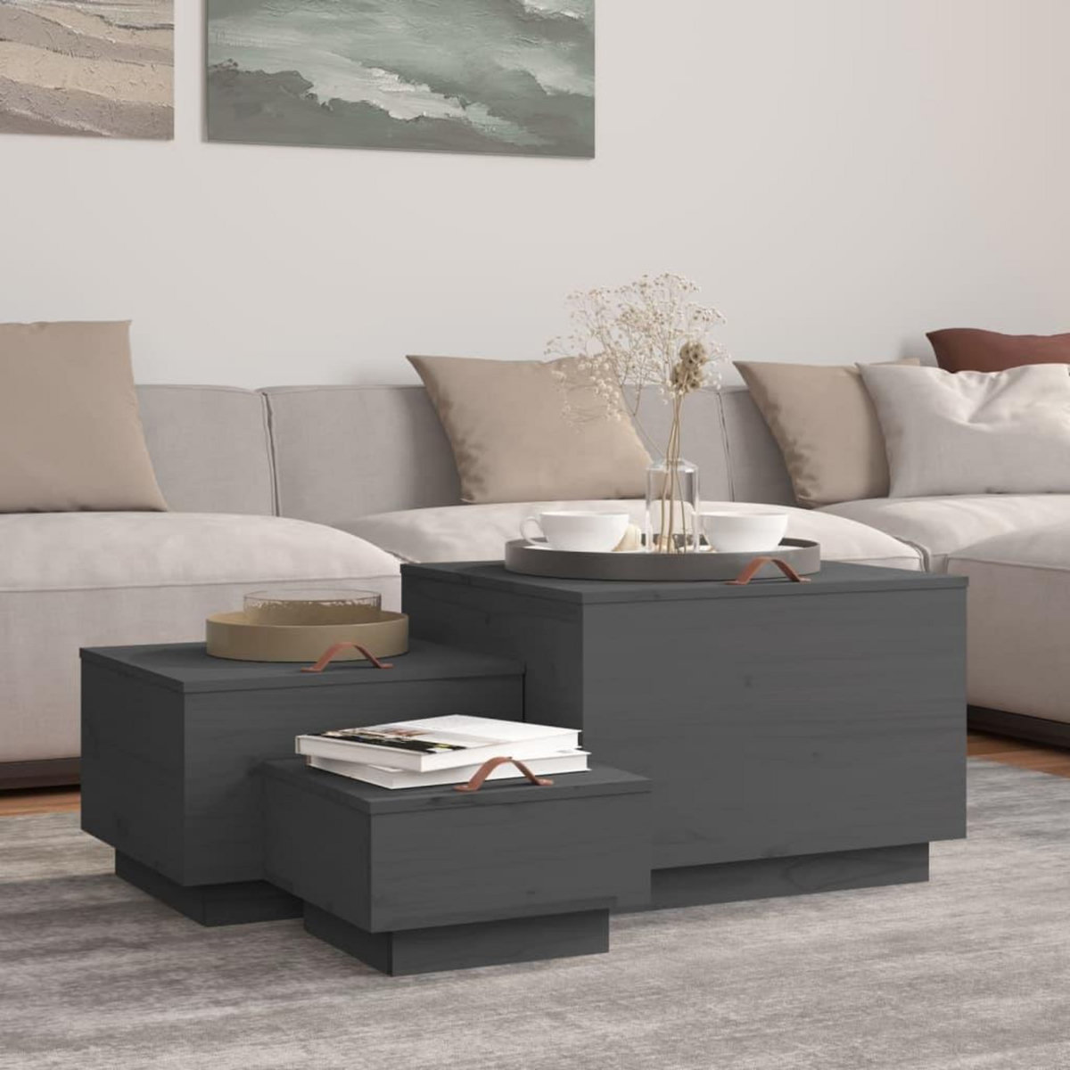 VIDAXL Boîtes de rangement et couvercles 3 pcs Gris Bois massif de pin