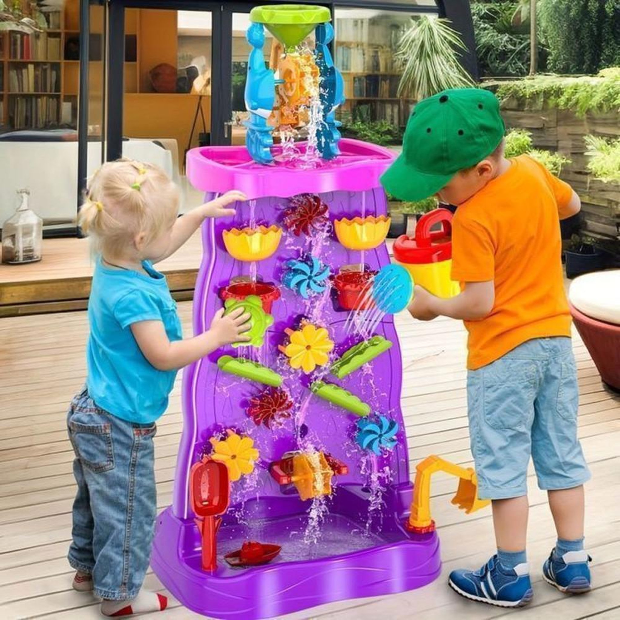 Voir la diapositive 5 : Table murale d'activités double face sable et eau violet avec accessoires pour enfants 3 à 8 ans