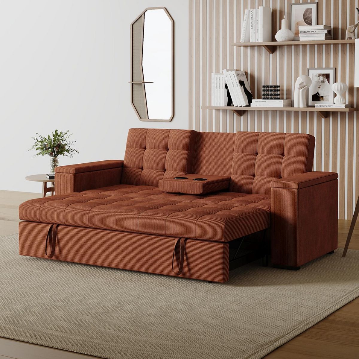 CONCEPT USINE Canapé 3 places convertibles terracotta velours côtelé NOHO