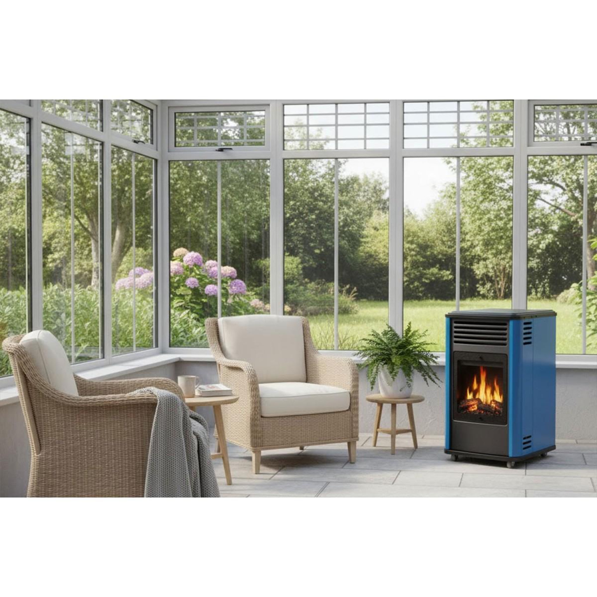 Voir la diapositive 4 : SAHARA Pack 2 Poêles à gaz 3.4KW Manhattan Bleu Effet feu de bois 3 niveaux de chauffe 40-80m2 Sahara