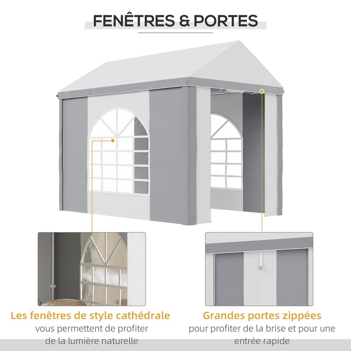 OUTSUNNY Barnum tonnelle chapiteau de jardin dim. 3L x 2l x 2,55H m - 2 fenêtres, 2 portes - acier galvanisé PE blanc gris